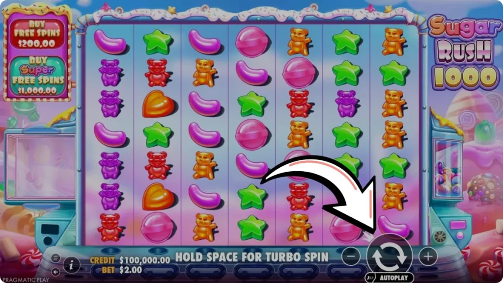 Bonus Buy w Sugar Rush 1000 — Buy Free Spins i Buy Super Free Spins po lewej stronie planszy